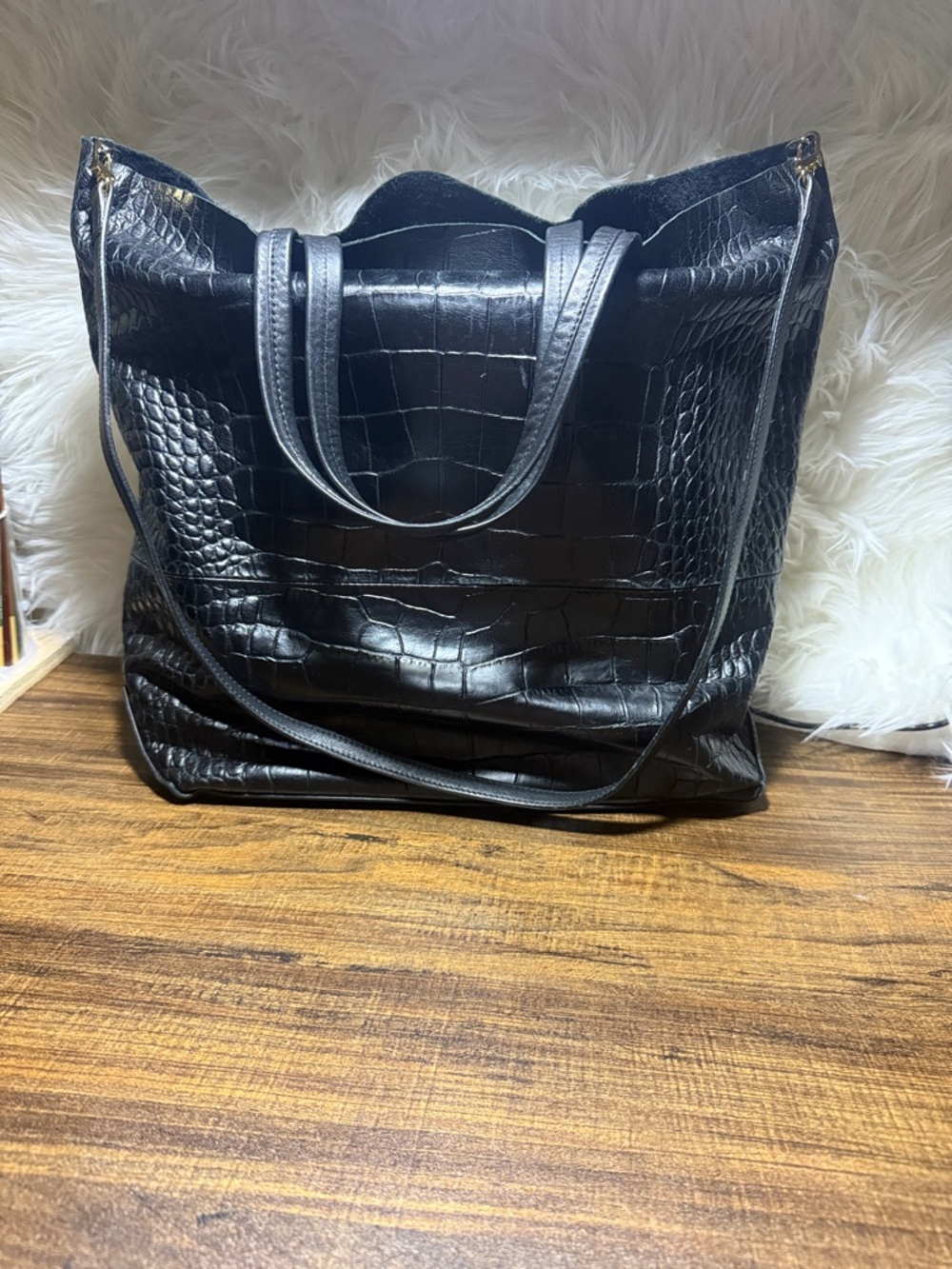 Alice + Olivia Black Croc-Embossed Tote